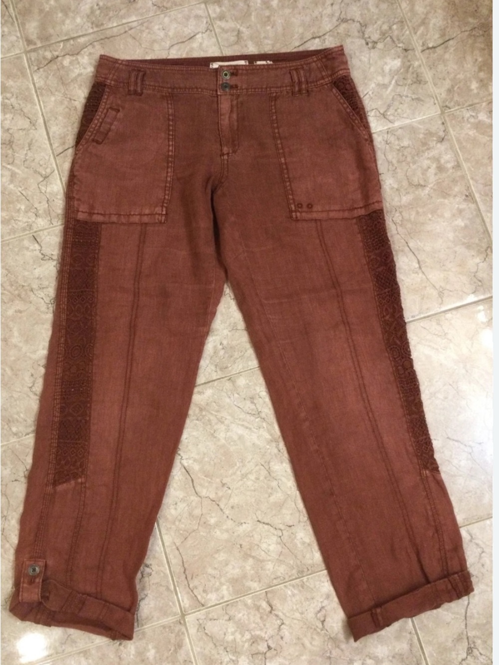 Anthropologie Hei Hei Embroidered Crochet Linen Cropped Pants  sz 25
